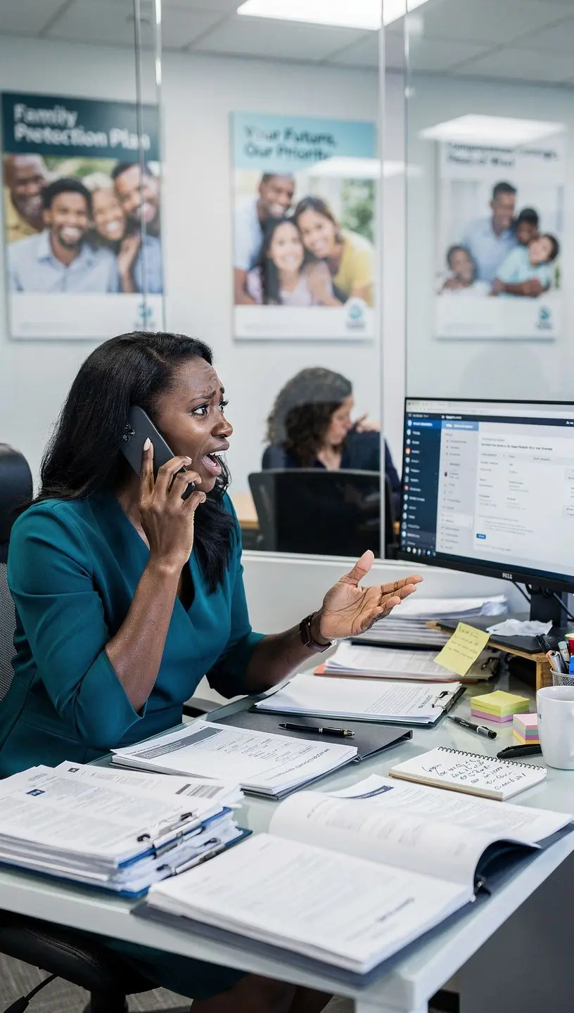 Pracownik biura prezentujący jasne warunki planu ubezpieczeniowego dla rodzin.