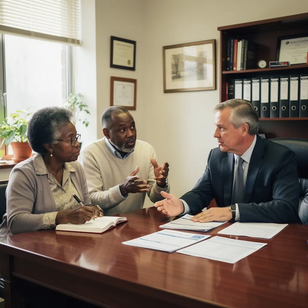 Rodzina przeglądająca dokumenty ubezpieczeniowe w przyjaznym biurze, z uśmiechami na twarzach.