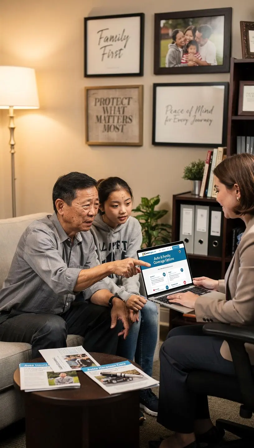 Zdjęcie rodziny rozmawiającej z doradcą ubezpieczeniowym w biurze.