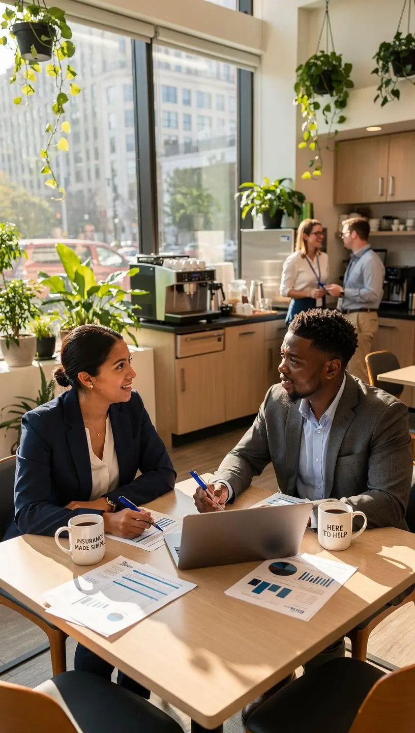 Zespół doradców ubezpieczeniowych omawiających plany ubezpieczenia samochodowego dla rodzin.