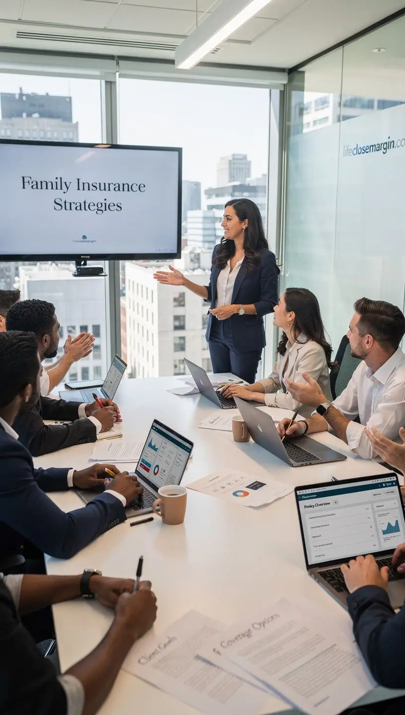 Zespół ekspertów ds. ubezpieczeń omawiający warunki planu rodzinnego z klientami.