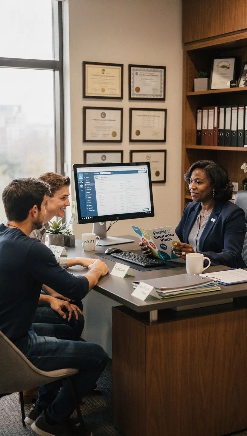 Rodzina omawiająca szczegóły polisy ubezpieczeniowej w przyjaznym otoczeniu biura.