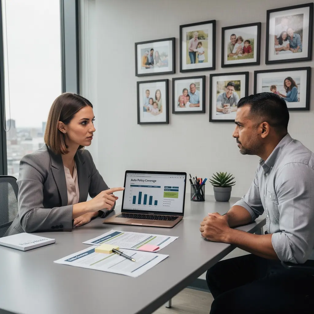 Zdjęcie rodziny omawiającej szczegóły polisy ubezpieczeniowej w biurze.