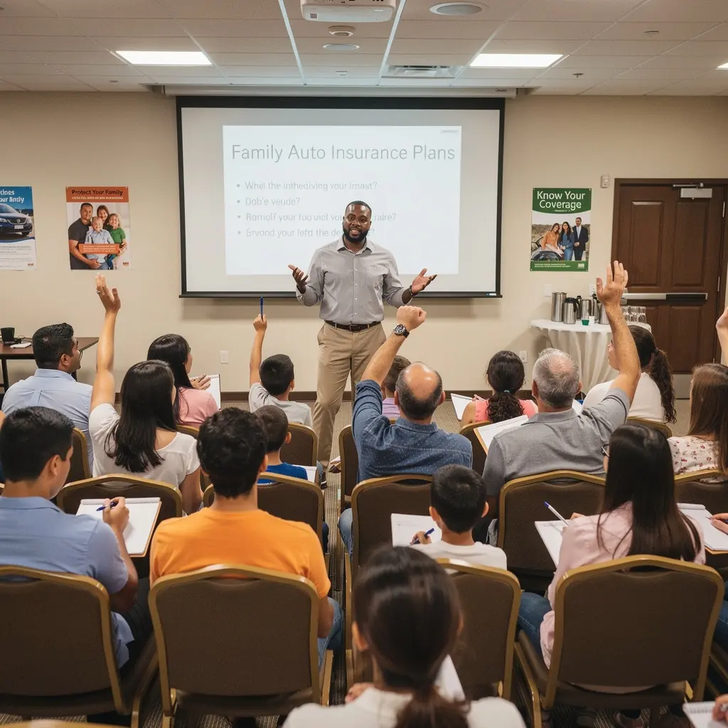 Rodzina z dziećmi przeglądająca dokumenty ubezpieczeniowe w biurze.