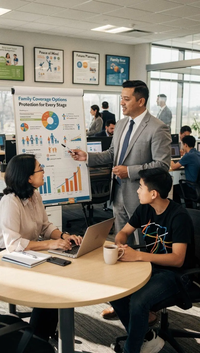 Biuro wsparcia ubezpieczeń samochodowych z pracownikami pomagającymi rodzinom w wyborze planów.